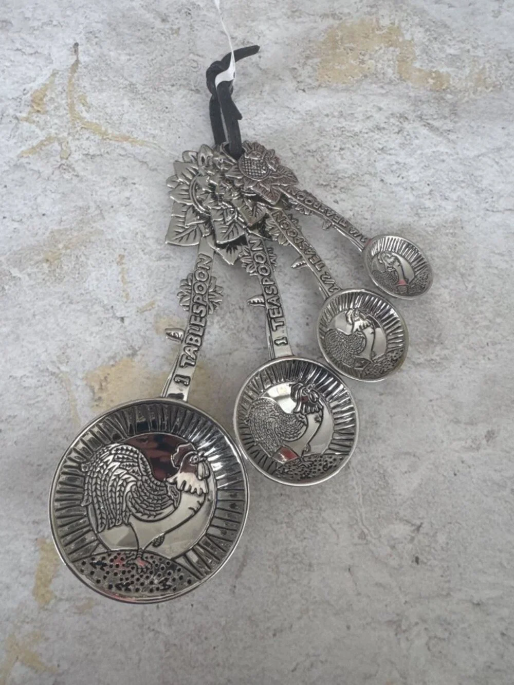 Live Laugh Love Silver Rooster Measuring Spoons Giftable NWT
